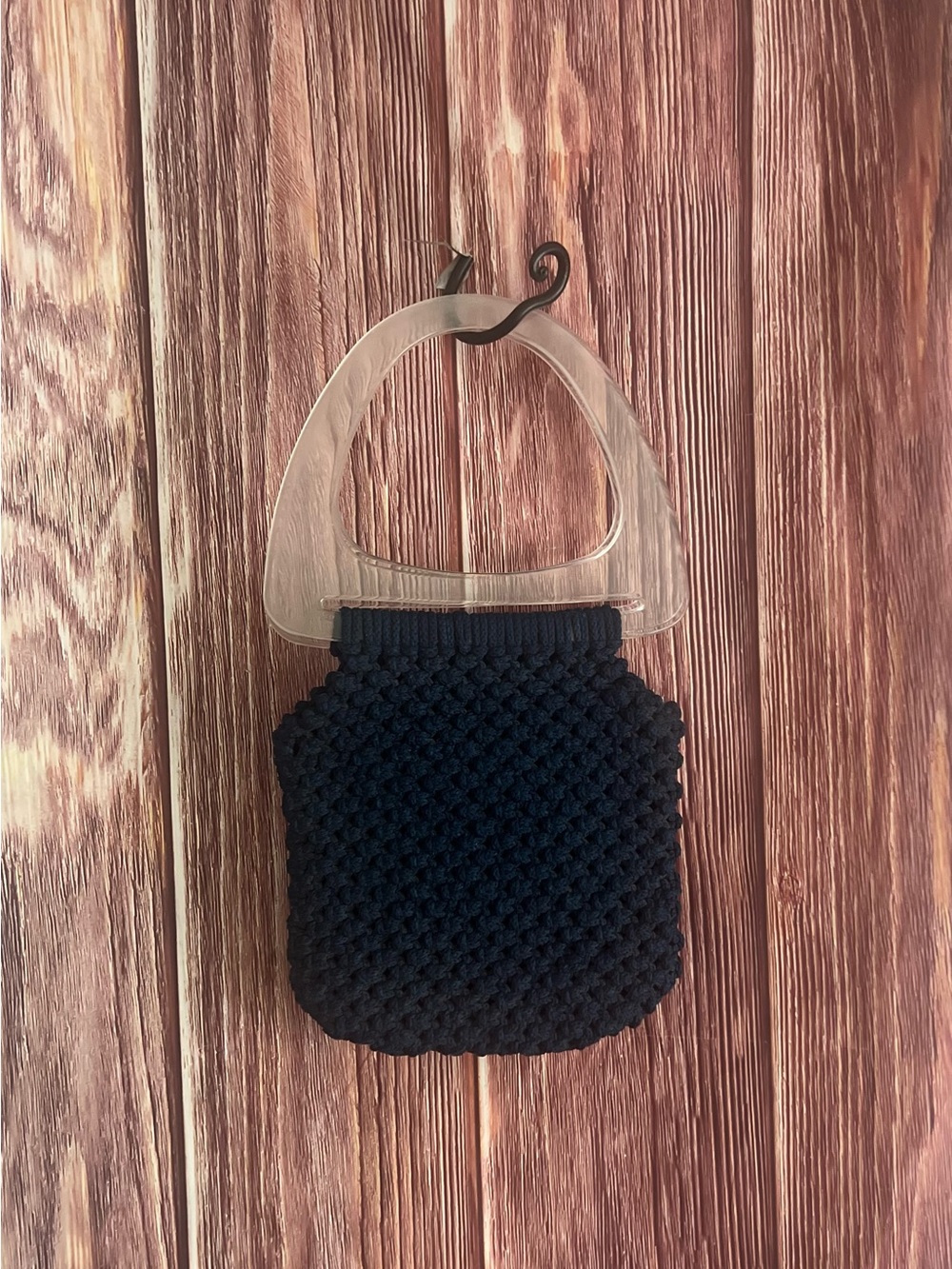 Vintage Woven Knit Navy Handbag with Clear Top Handles Handmade